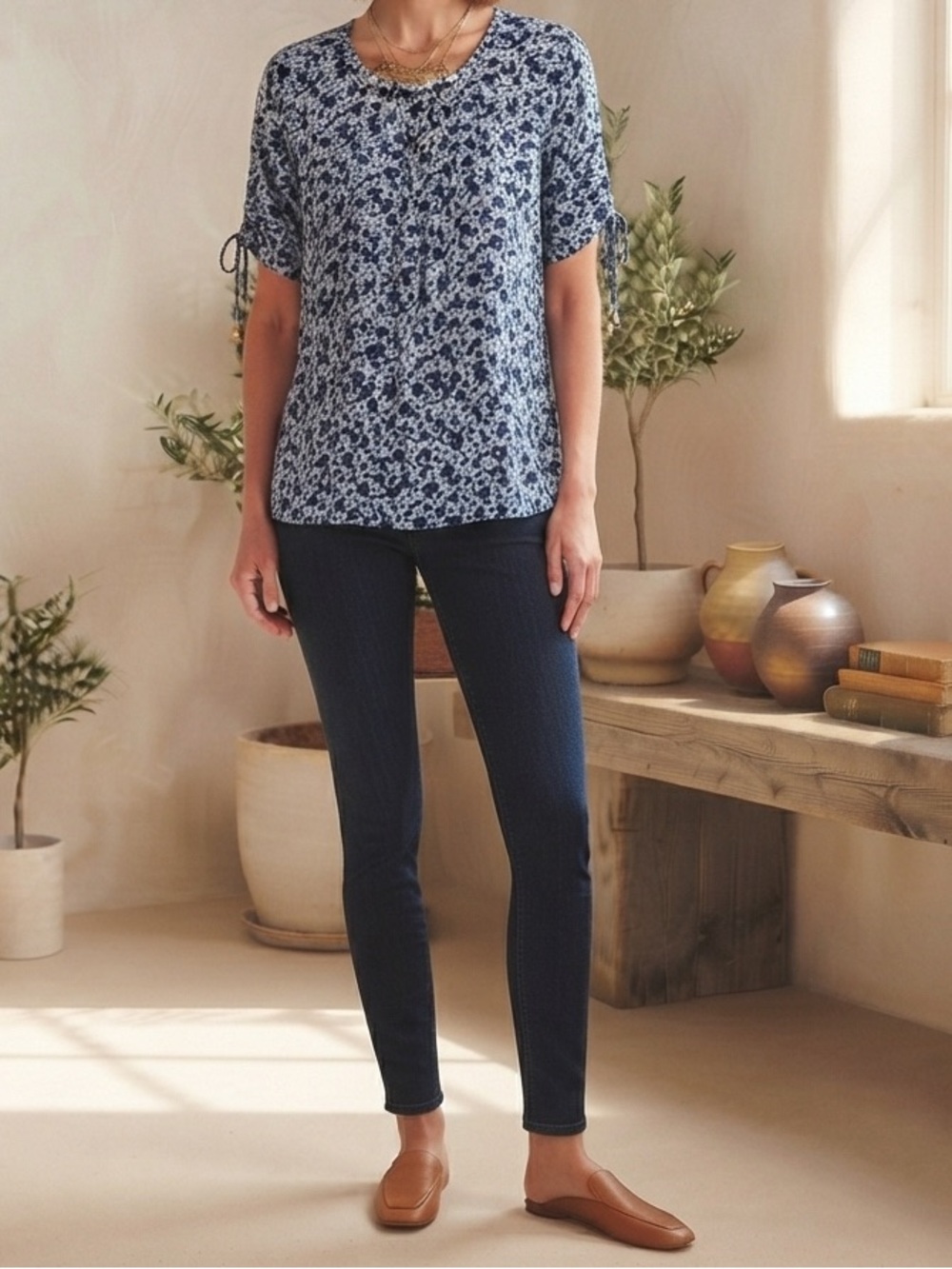 Michael Kors Blue & White Floral Short Sleeve Blouse